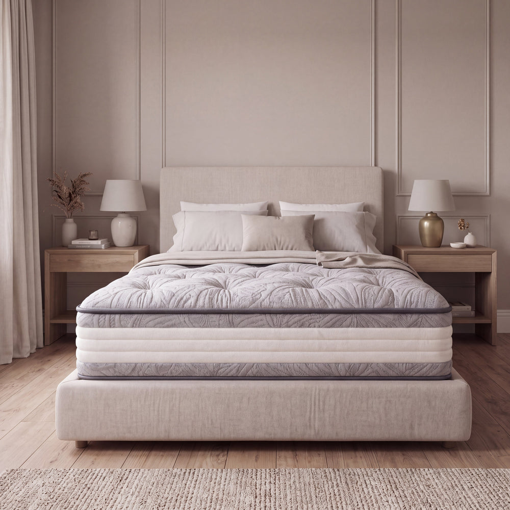Front view of the Cloud-Flex1000 mattress on an upholstered bed