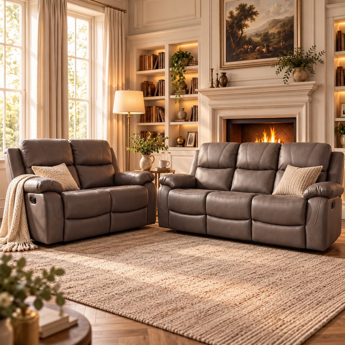 Belgravia recliner sofa set in brown, 3+2, three seater and two seater by the fireplace