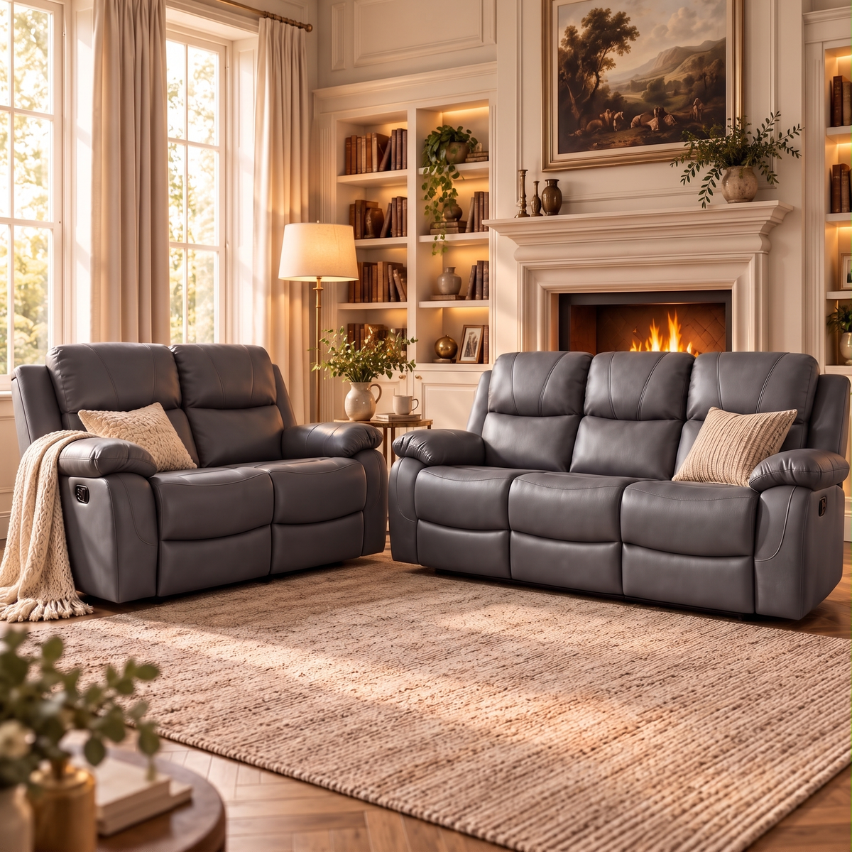 Belgravia recliner sofa set in medium grey, 3+2, three seater and two seater by the fireplace