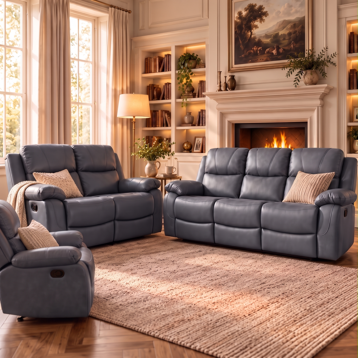 Belgravia recliner sofa set in medium grey, 3+2+1 with recliner armchair, in a warm classic living room